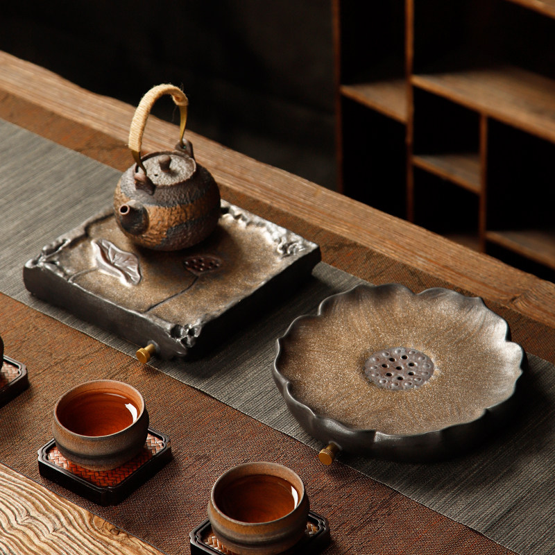 粗陶禅意复古茶盘干泡台壶承茶海茶托盘小型储水排水日式茶具家用