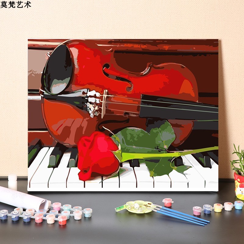 数字油画diy填充手工红玫瑰和钢琴小提琴填画色装饰涂色油彩画画