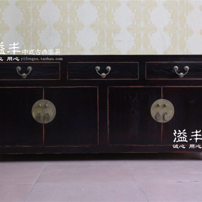 新中式仿古典家具实木餐边柜储物柜黑色做旧复古玄关柜门厅装饰柜