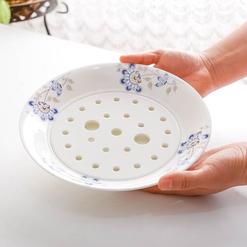 骨瓷饺子盘家用大小号沥水盘两用深盘带盘屉岚语陶瓷碟子控水盘