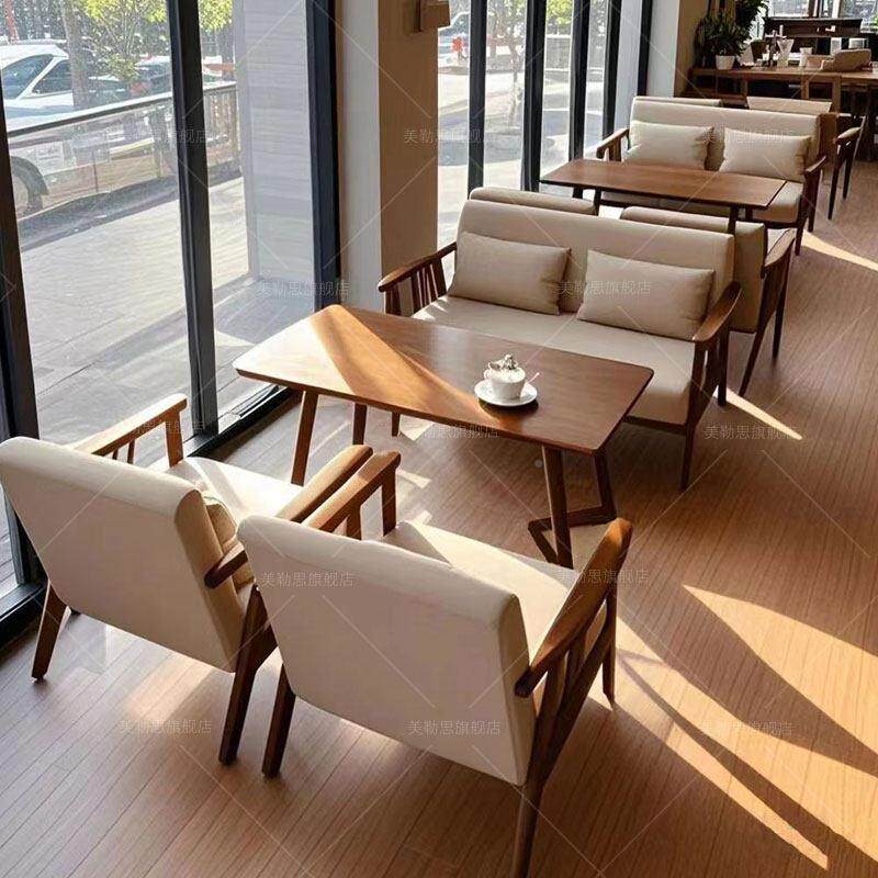 实木厅网2104商业红奶茶店桌复古咖啡厅沙发餐桌组合休闲椅椅咖啡
