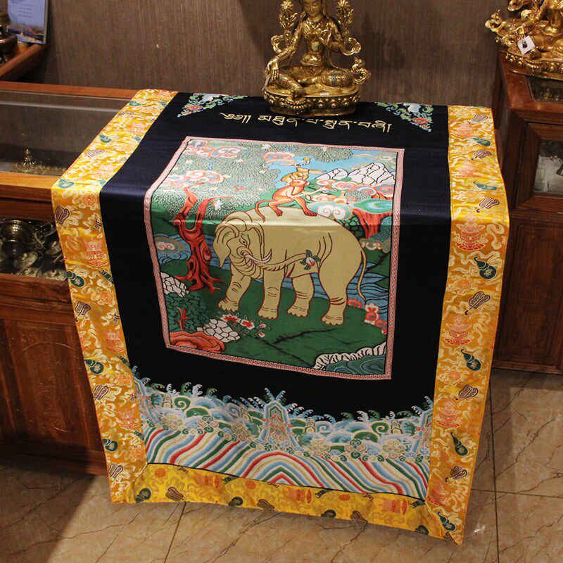 藏布藏式布艺居家优质布料手工制作桌布蓝色桌围桌旗吉祥四瑞图