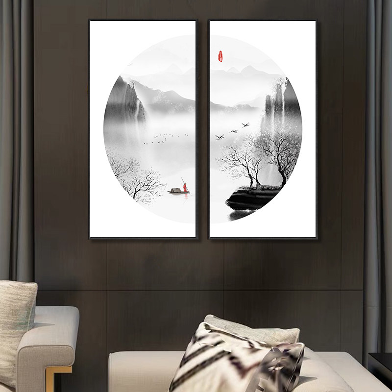 茶室客厅风景画餐厅双联山水挂画玄关壁画装饰画新中式背景墙禅意