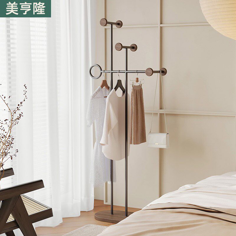 轻奢复古落地衣帽架家用卧室中古衣架室内实木设计师挂衣服架子