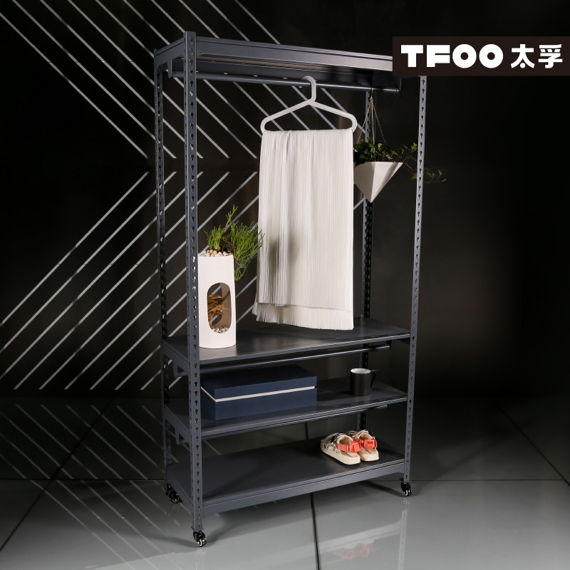 太孚TFOO 带挂衣杆可移动小货架 带轮子灰色陈列架 四层金属架子