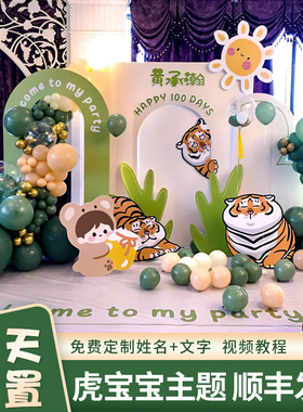 森系虎宝宝周岁百天生日满月宴装饰布置1一岁绿色kt板场景背景墙