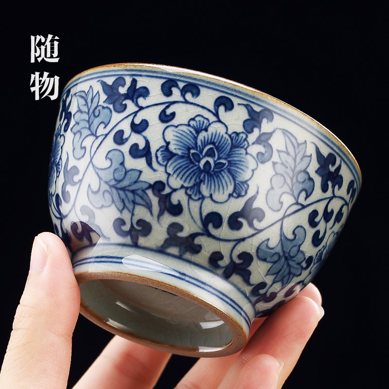 青花瓷缠枝莲主人杯柴烧景德镇单杯茶杯个人专用品茗杯老陶泥茶碗
