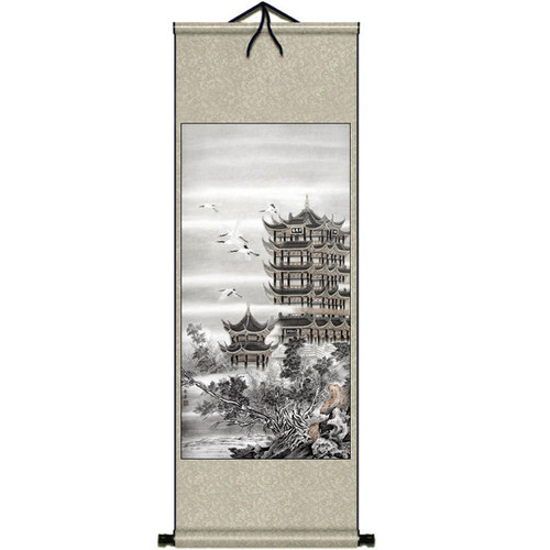 黄鹤楼丝绸画卷轴画国画山水水墨画家居装饰画名家字画成品已装裱