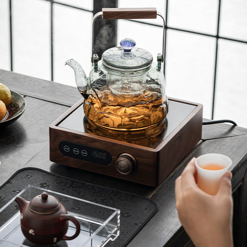 电陶炉胡桃木煮茶炉围炉煮茶器玻璃烧水壶家用电热茶炉茶具泡茶炉