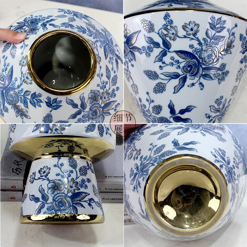 景德镇青花瓷描金陶瓷花瓶家居客厅摆件水培鲜花高级感插花花盆
