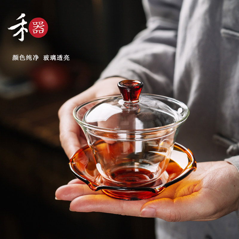 弘龙禾器玻璃盖碗单个高档三才盖杯透明耐热不烫手茶具盖碗泡茶杯