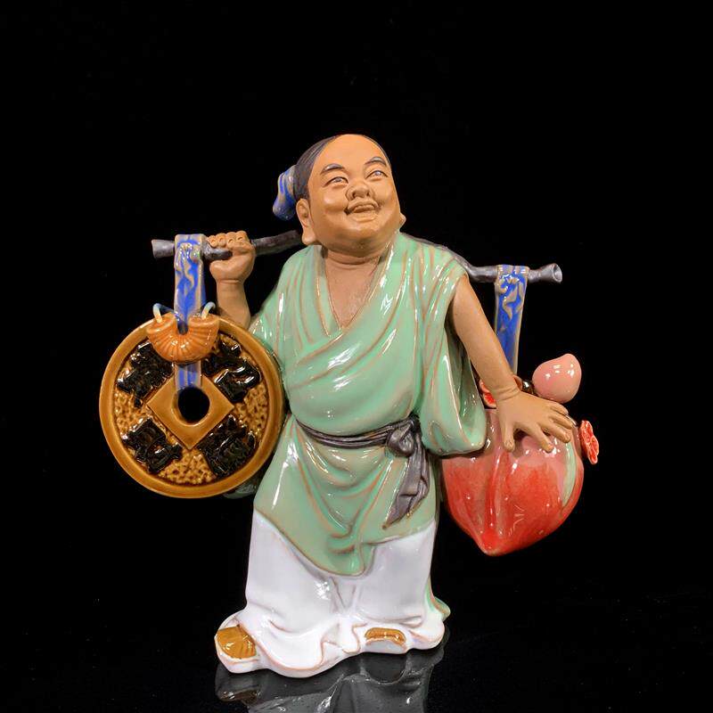 石湾公仔财神摆件+陶瓷桌面招财装饰+复古怀旧客厅摆设
