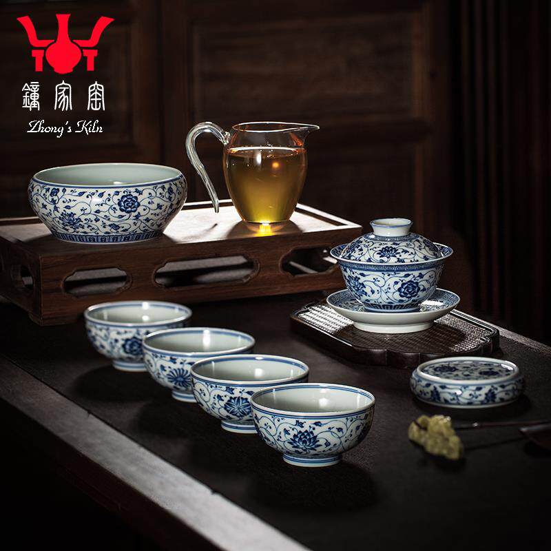 钟家窑景德镇功夫茶具套装柴窑青花缠枝花纹三才盖碗茶杯中式小套
