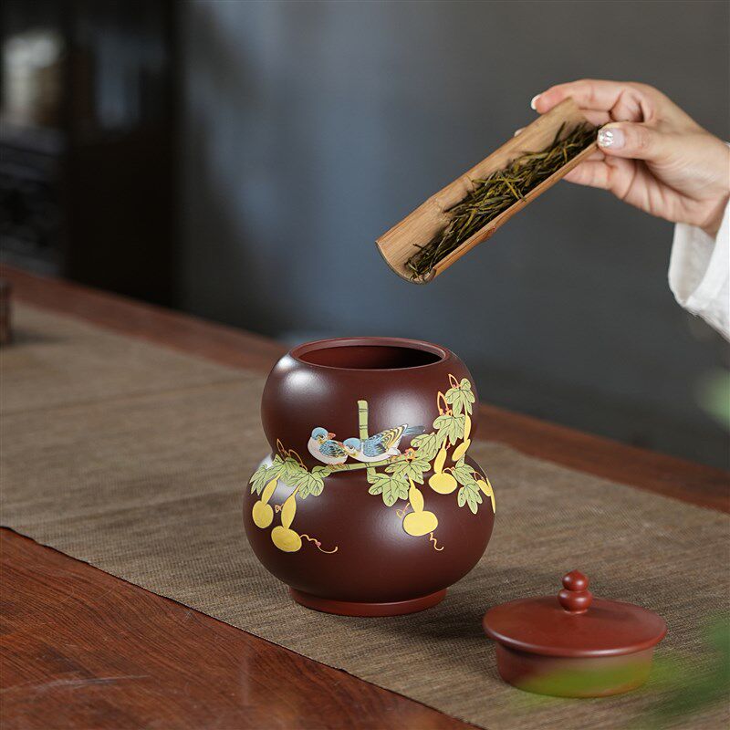 原矿朱泥小葫芦精品紫砂茶叶罐泥绘1斤装小号中式陶瓷醒茶罐