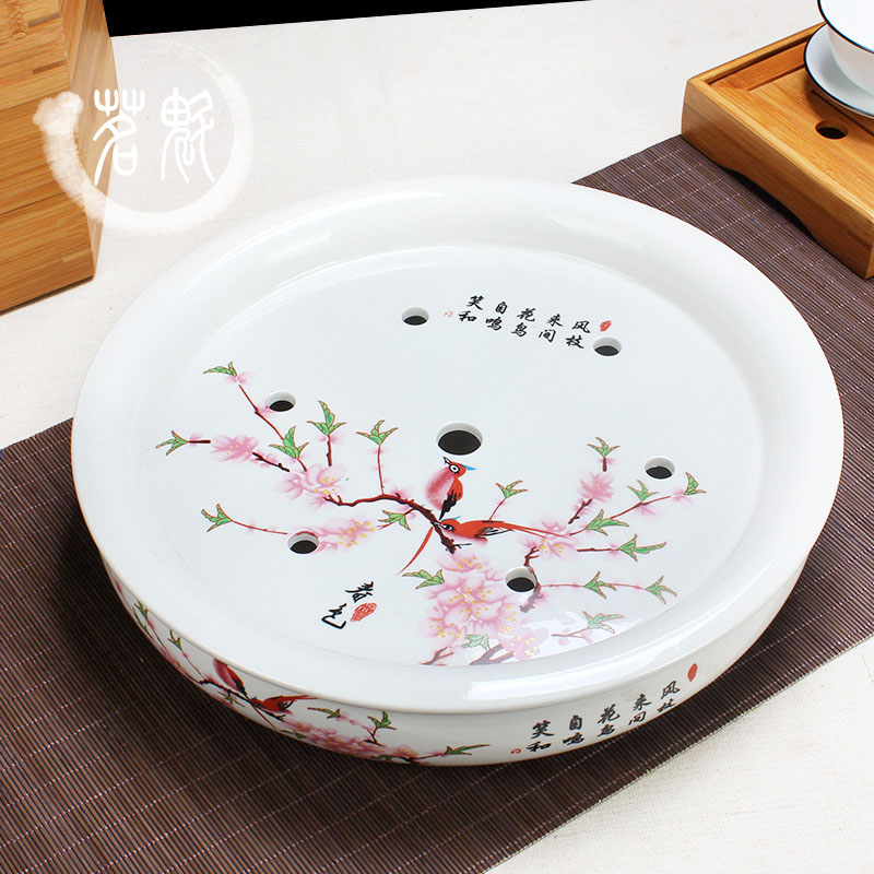陶瓷茶盘茶船茶海大号12寸圆形茶台青花瓷功夫茶具白瓷茶盘储水盘