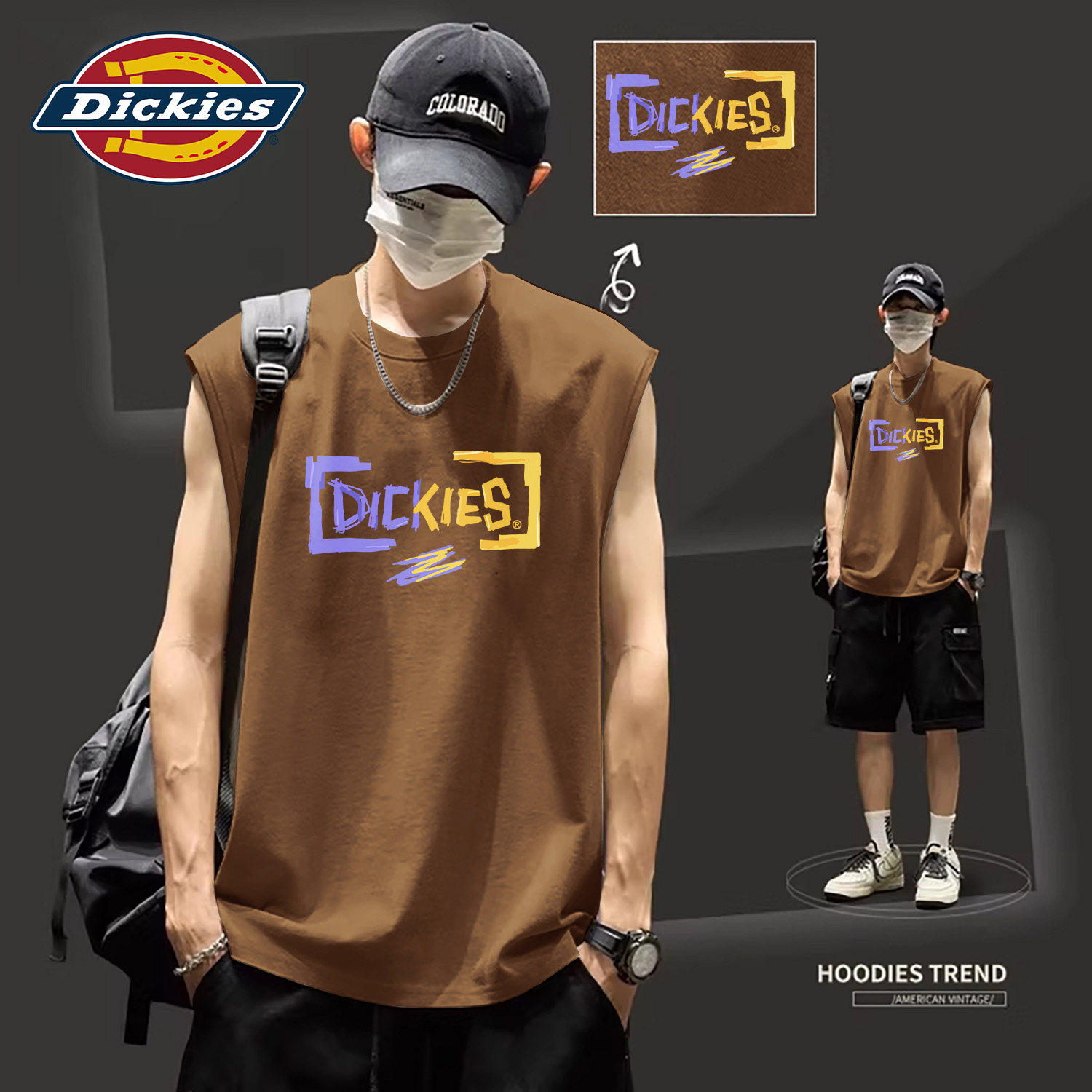 Dickies棕色纯棉运动无袖背心
