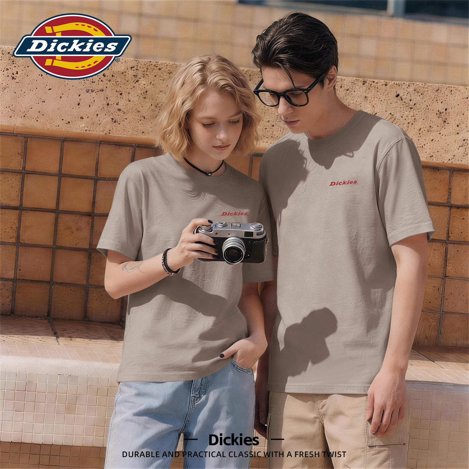 Dickies卡其色纯棉圆领短袖T恤男生2026夏季新款宽松休闲情侣装潮