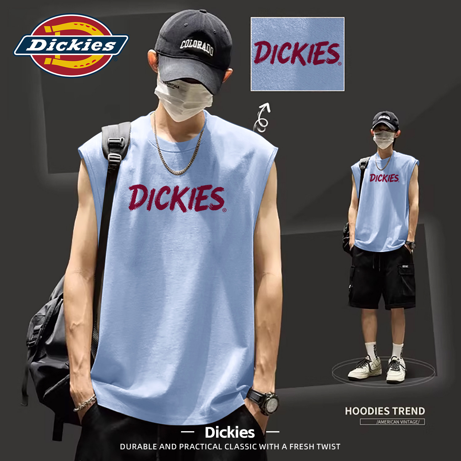 Dickies蓝色纯棉无袖背心男生2026新款夏季薄款透气速干运动上衣
