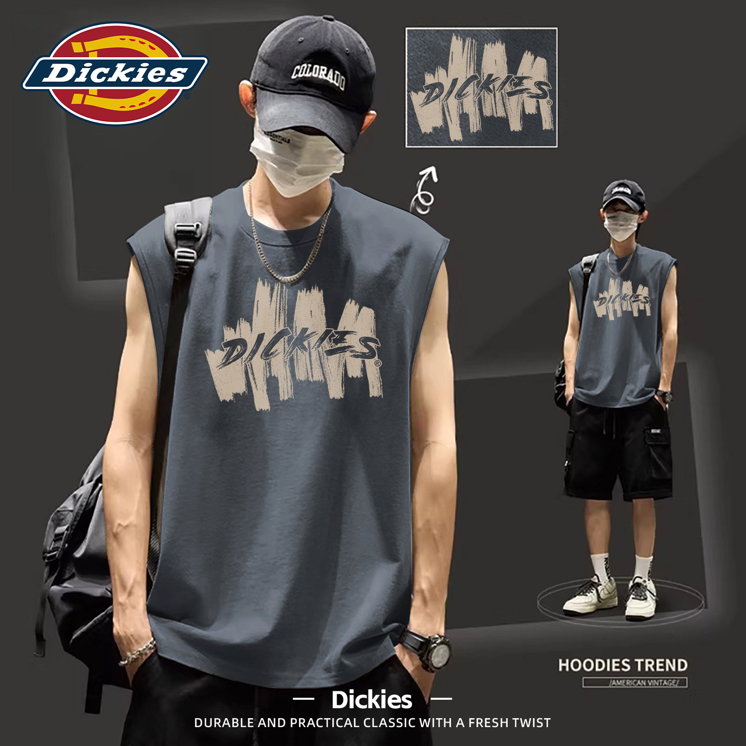 Dickies深灰色纯棉无袖背心男款2026新款夏季薄款透气速干打底衫