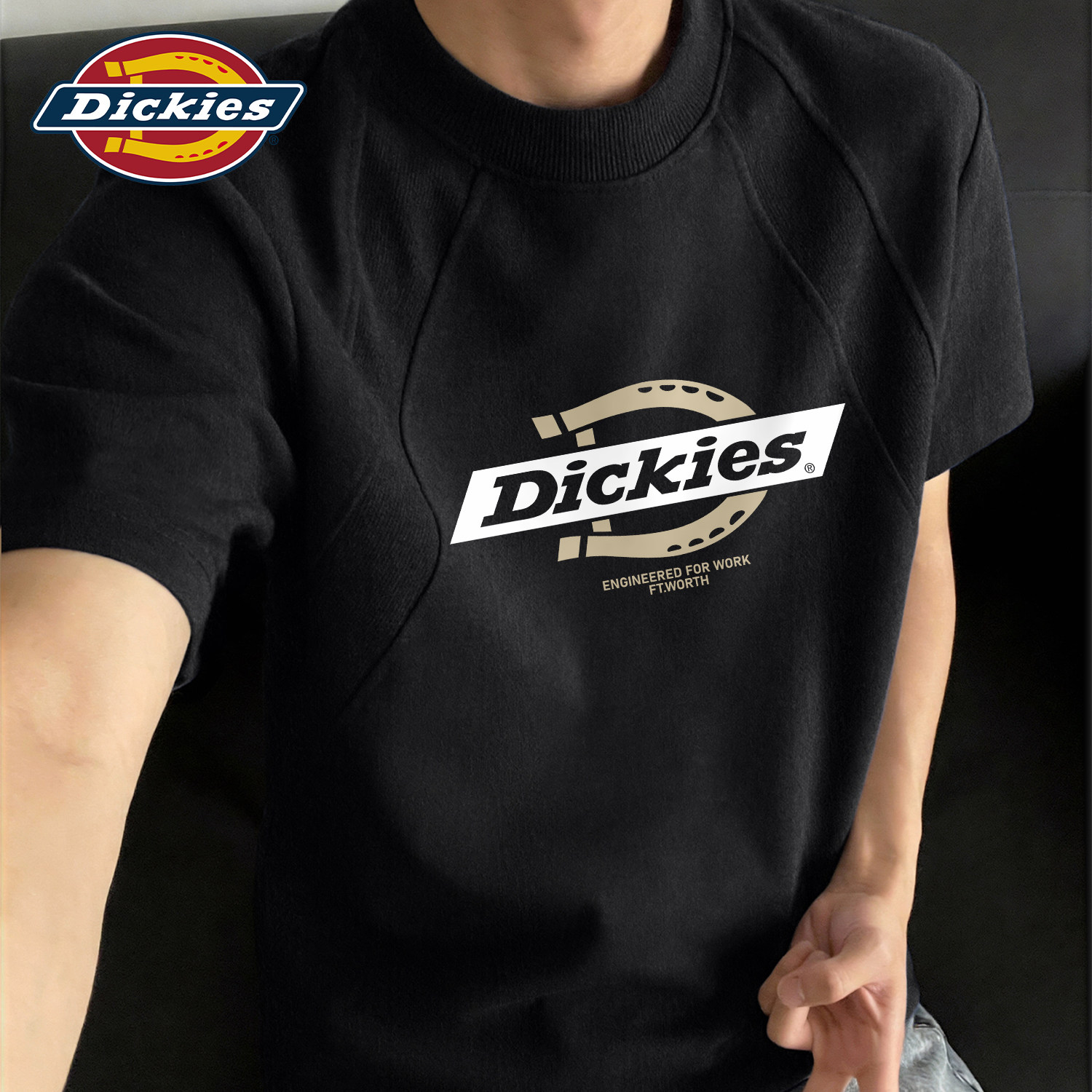 Dickies黑色解构拼接圆领短袖T恤男生2026夏季新款重磅半袖体恤衫