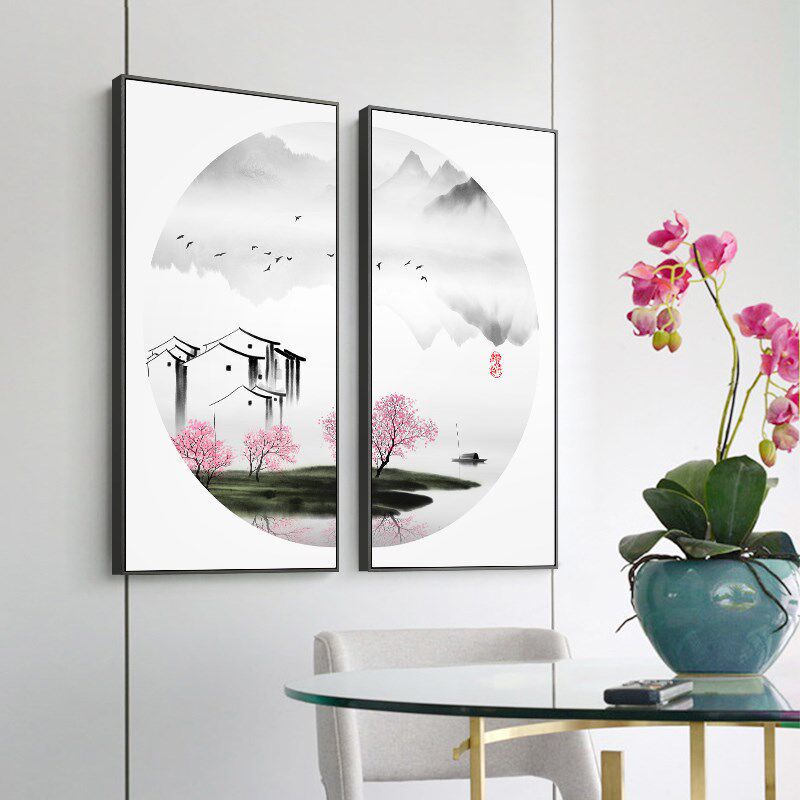 进门入户玄关装饰画春夏秋冬四季水墨山水风景挂画禅意新中式茶室