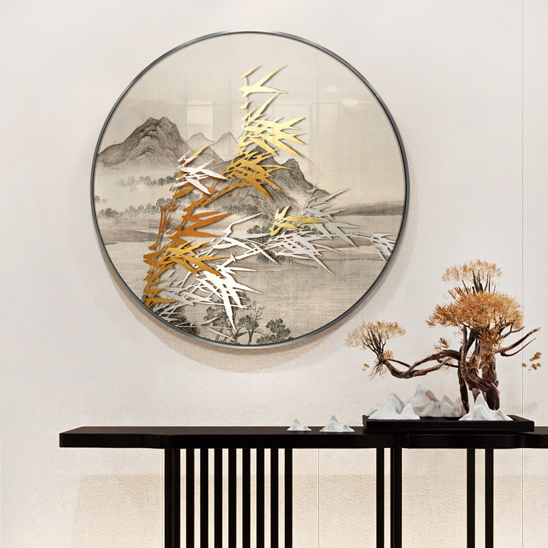 新中式竹报平安3d立体圆形风景玄关沙发背景墙卧室客厅装饰挂壁画