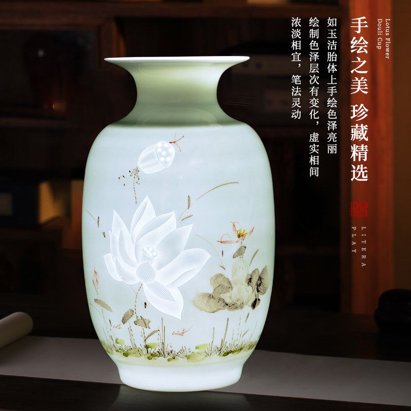 景德镇陶瓷花瓶新中式手绘瓷瓶薄胎大号客厅酒柜插花装饰瓷器摆件