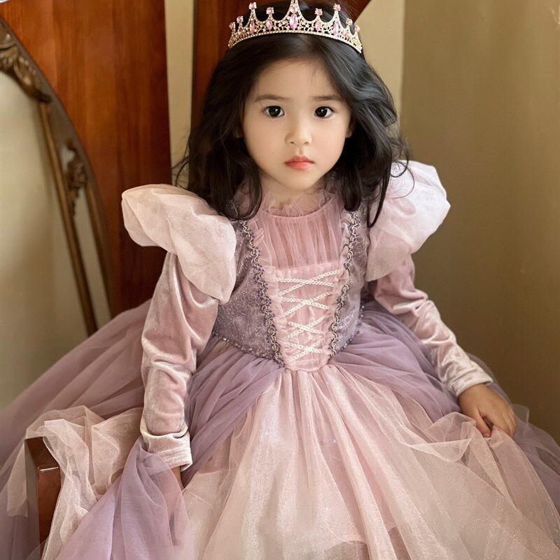 发光长发乐佩公主裙粉紫色女童蓬蓬纱连衣裙生日礼服裙斗篷秋冬