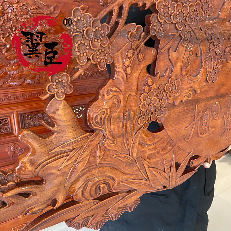 中式东阳木雕花香樟实木雕刻旭日东升背景墙木质壁挂件工艺装饰品