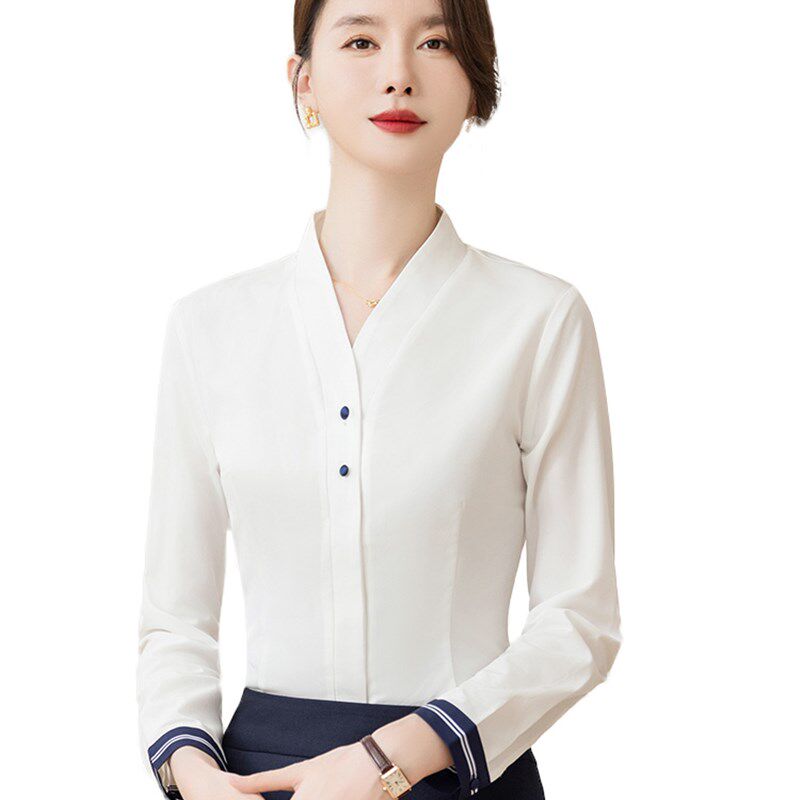 V领白色衬衫女春秋职业南航空姐制服气质长袖衬衣高铁空乘工作服