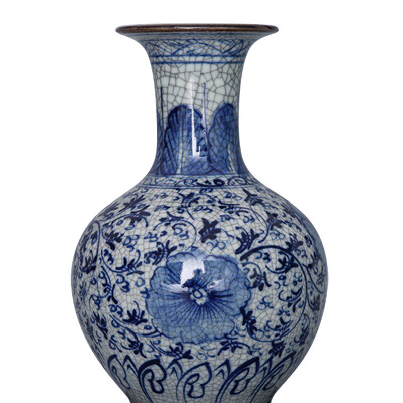 253景德镇陶瓷手绘仿古青花瓷冰裂纹花瓶家居工艺品摆件送底座