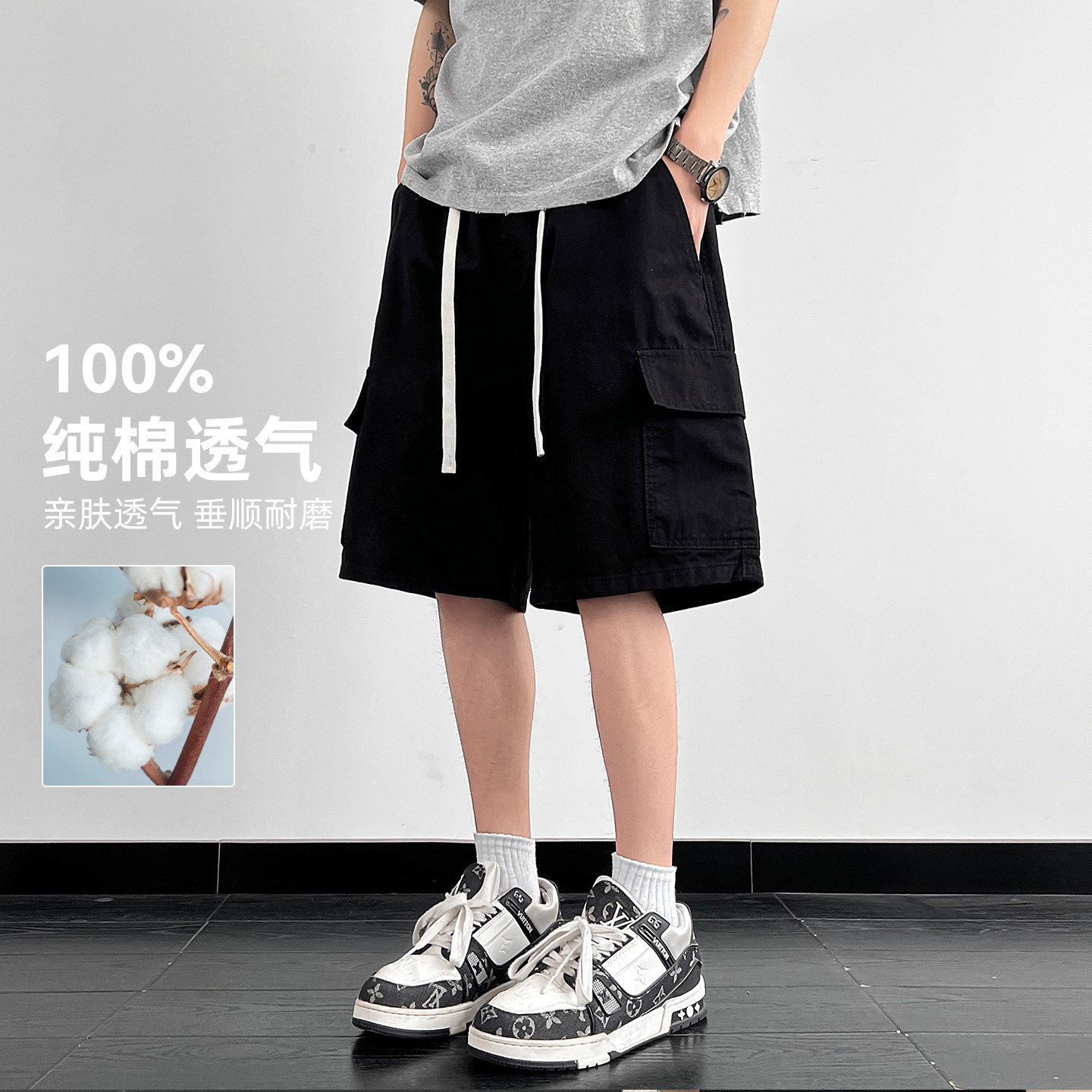 休闲工装短裤男夏季薄款宽松直筒运动裤美式潮牌黑色纯棉五分裤子