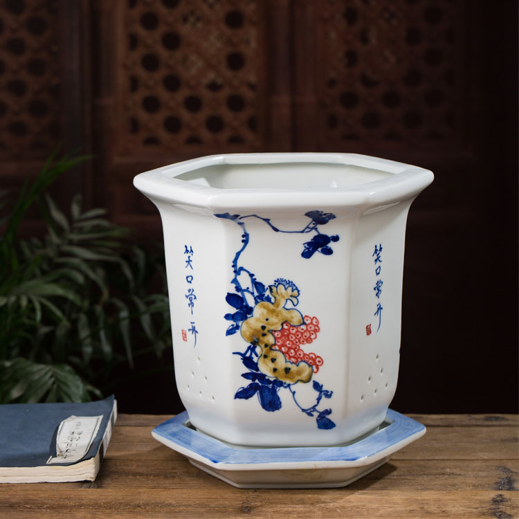 新品景德镇陶瓷花盆白色手绘青花瓷兰花盆绿萝芦荟绿植古典中国风