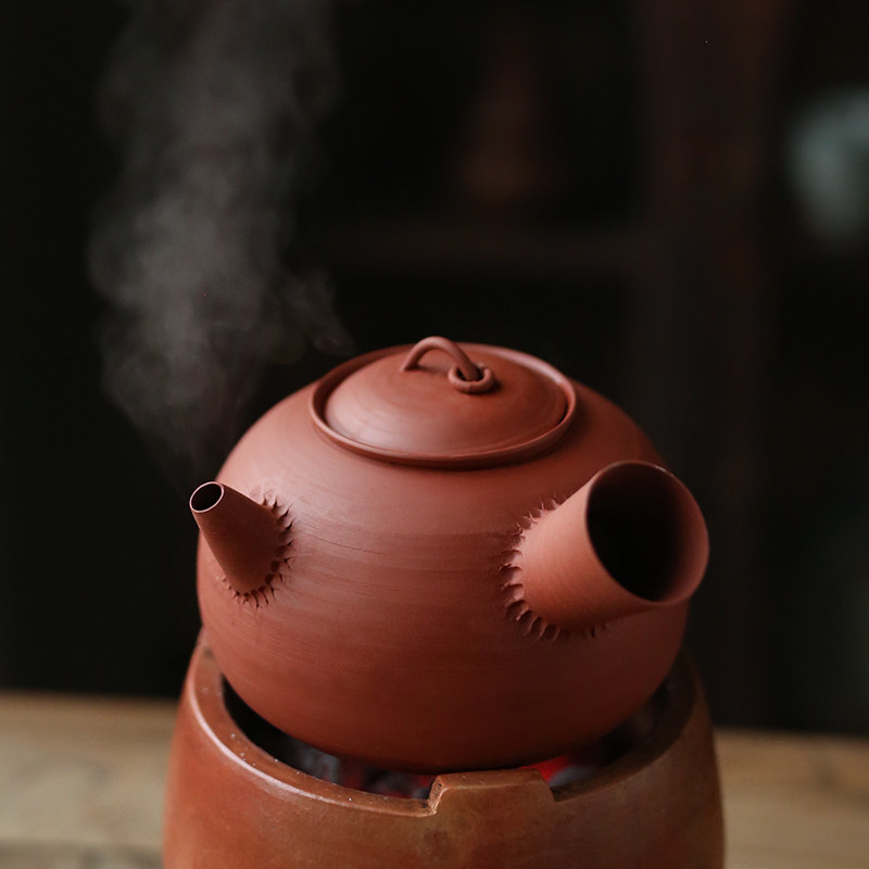 侧把急须 砂铫陶壶烧水壶 炭炉红泥工夫茶 圆壶煮茶壶碳火炉 超薄