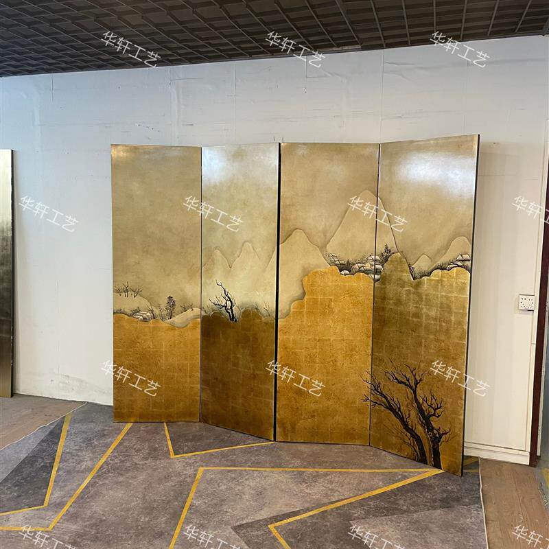 定制效果复古手绘屏风漆画新中式隔断玄关画茶室背景墙装饰画移动