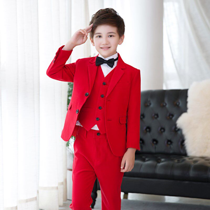 儿童西服红色男童小西装套装花童礼服男孩生日主持人钢琴演出服冬