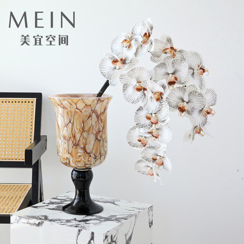 中古法式风高脚复古宽口琥珀玻璃花瓶高级感桌面水培摆件琉璃花器