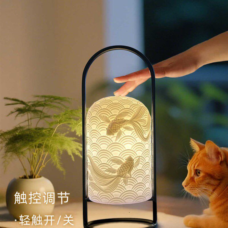 陶瓷小夜灯充电新中式3W小夜灯触控开关台灯床头灯氛围灯睡眠灯