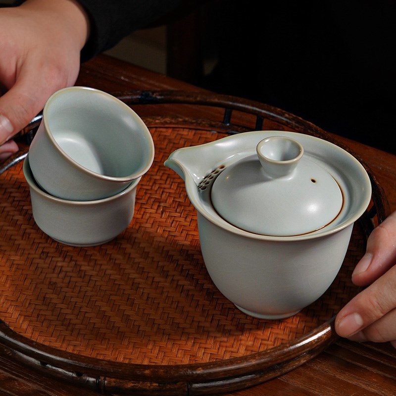 汝窑旅行茶具套装户外便携式茶具陶瓷手工快客杯景德镇喜乐手抓碗