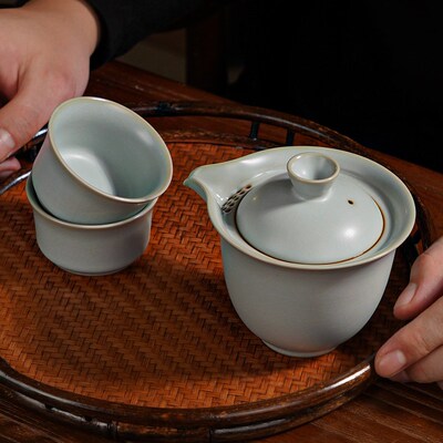 汝窑旅行茶具套装户外便携式茶具陶瓷手工快客杯景德镇喜乐手抓碗