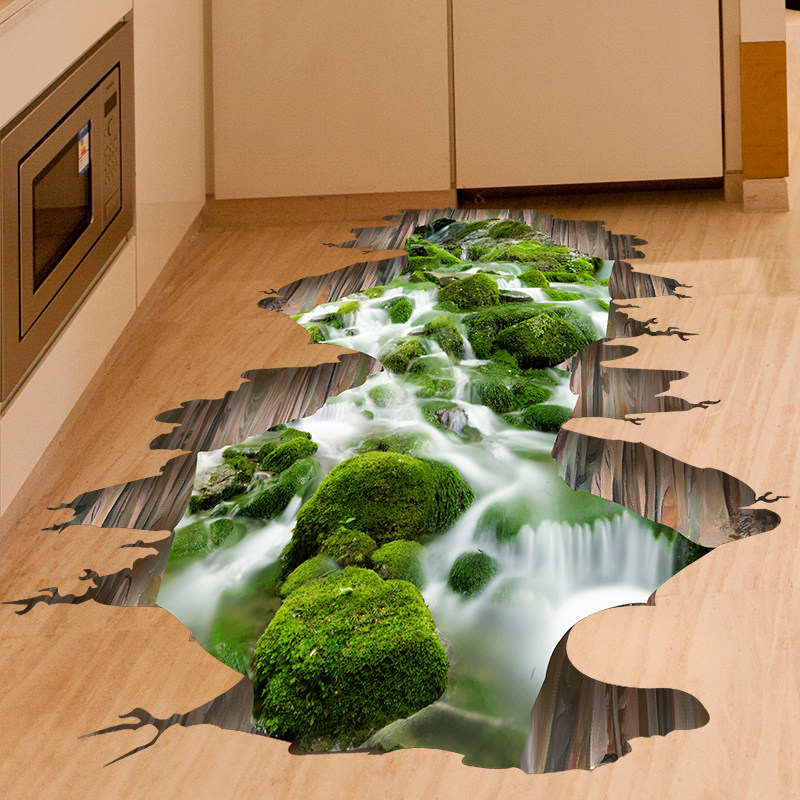 3d立体墙贴画厨房地板贴卧室装饰地贴壁纸自粘防水卫生间地砖贴纸