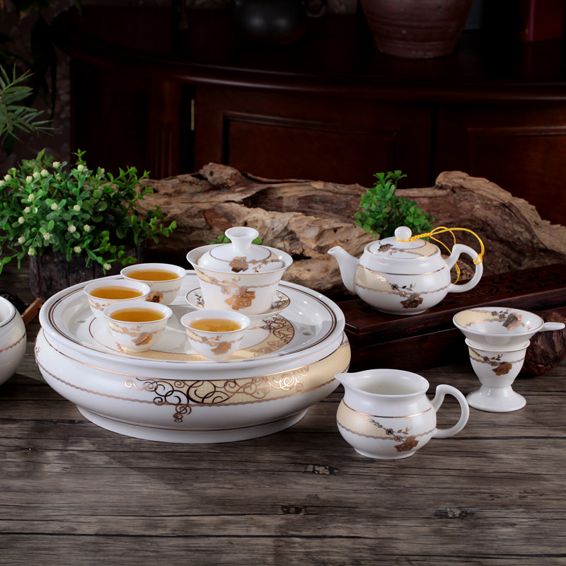 圆形茶盘潮汕功夫茶具茶洗套装10英寸12英寸陶瓷整套储水式茶船