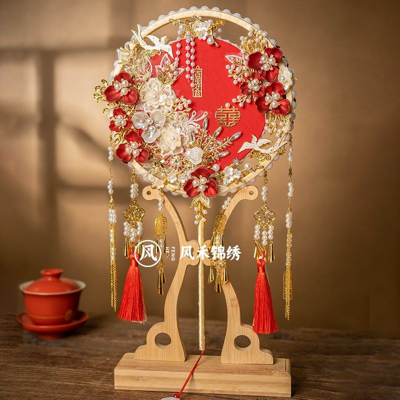婚礼结婚团扇出嫁新娘秀禾红白双面手工喜扇子diy材料包成品扇子