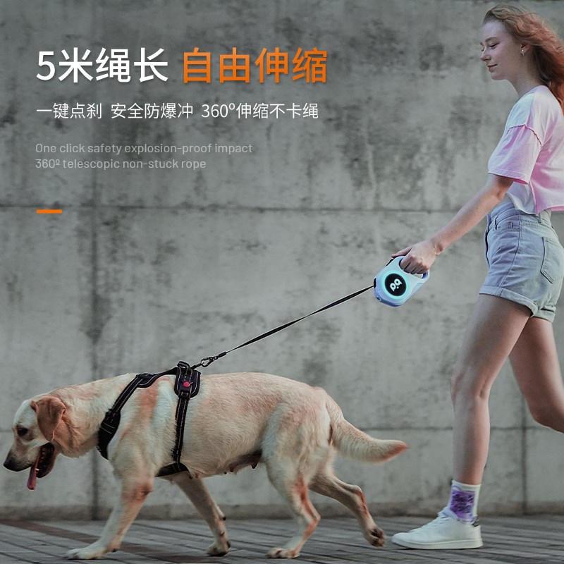 狗狗牵引绳LED自动伸缩牵引器带灯狗绳防爆冲遛狗绳金毛牵狗绳子
