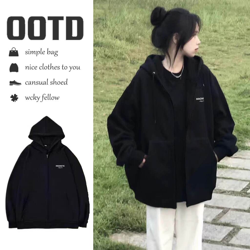 秋冬黑色拉链连帽学生卫衣女2025新款开衫初中生长袖加绒加厚上衣