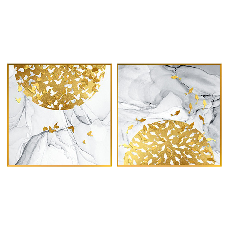纯手绘金鱼蝴蝶油画餐厅二联画轻奢进门客入户玄关装饰画饭厅挂画