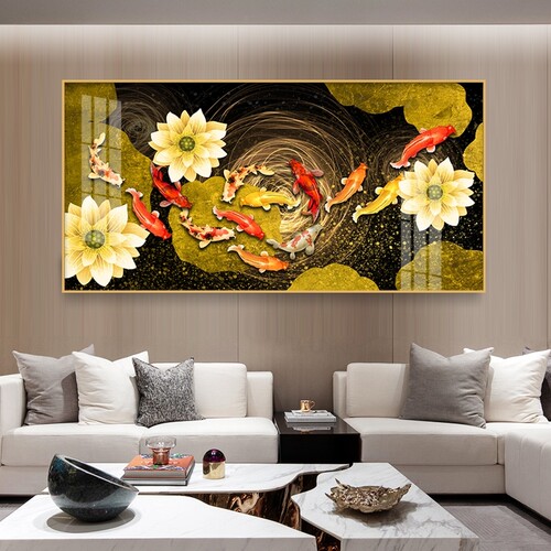 新中式客厅玄关挂画九鱼图招财聚福沙发背景墙晶瓷装饰画高档大气