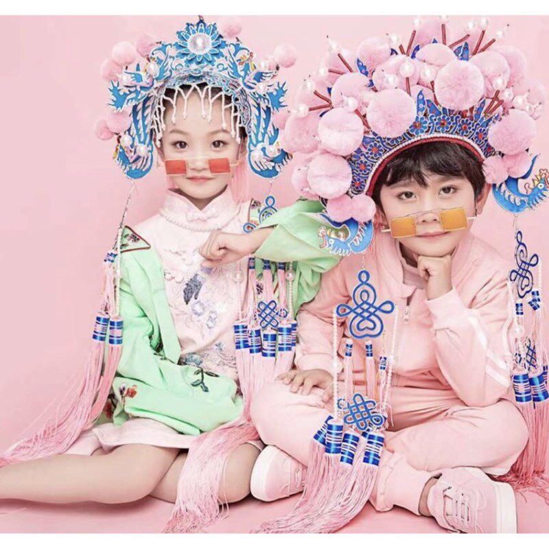 包邮戏曲绒球凤冠影楼摄影主题舞台走秀中国风花旦国潮头饰儿童