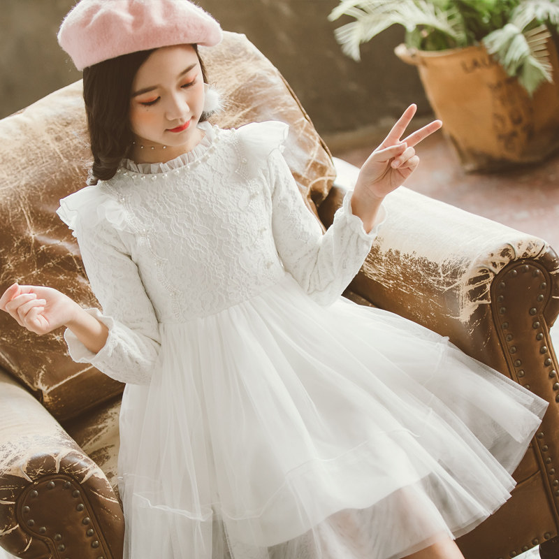 女童白色连衣裙儿童公主裙春秋冬裙子加绒小女孩婚纱裙装演出礼服