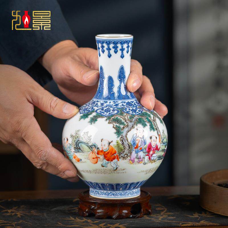景德镇陶瓷青花瓷瓶天球瓶童子中式客厅博古架装饰钟家窑高档摆件